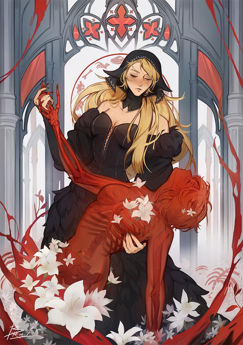 Lineart style illustration with complex composition &amp; bg